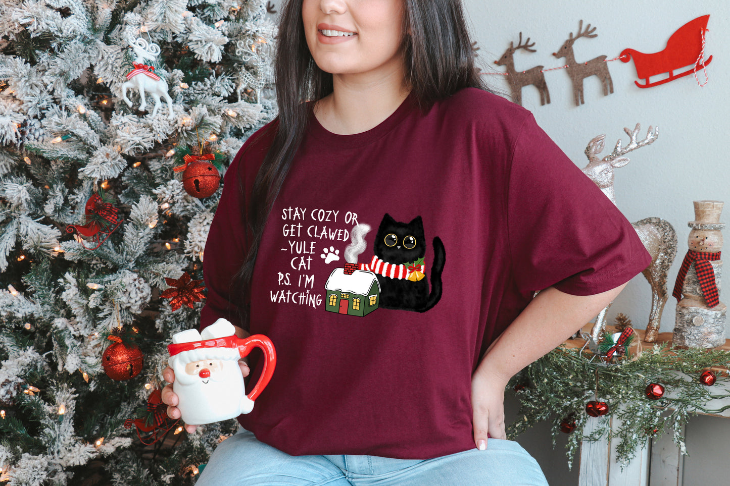 Stay Cozy or Get Clawed Yule Cat T-Shirt